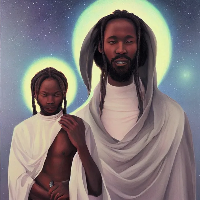 Prompt: an alien craft beside an African Jesus, portrait painting by Hsiao-Ron Cheng,