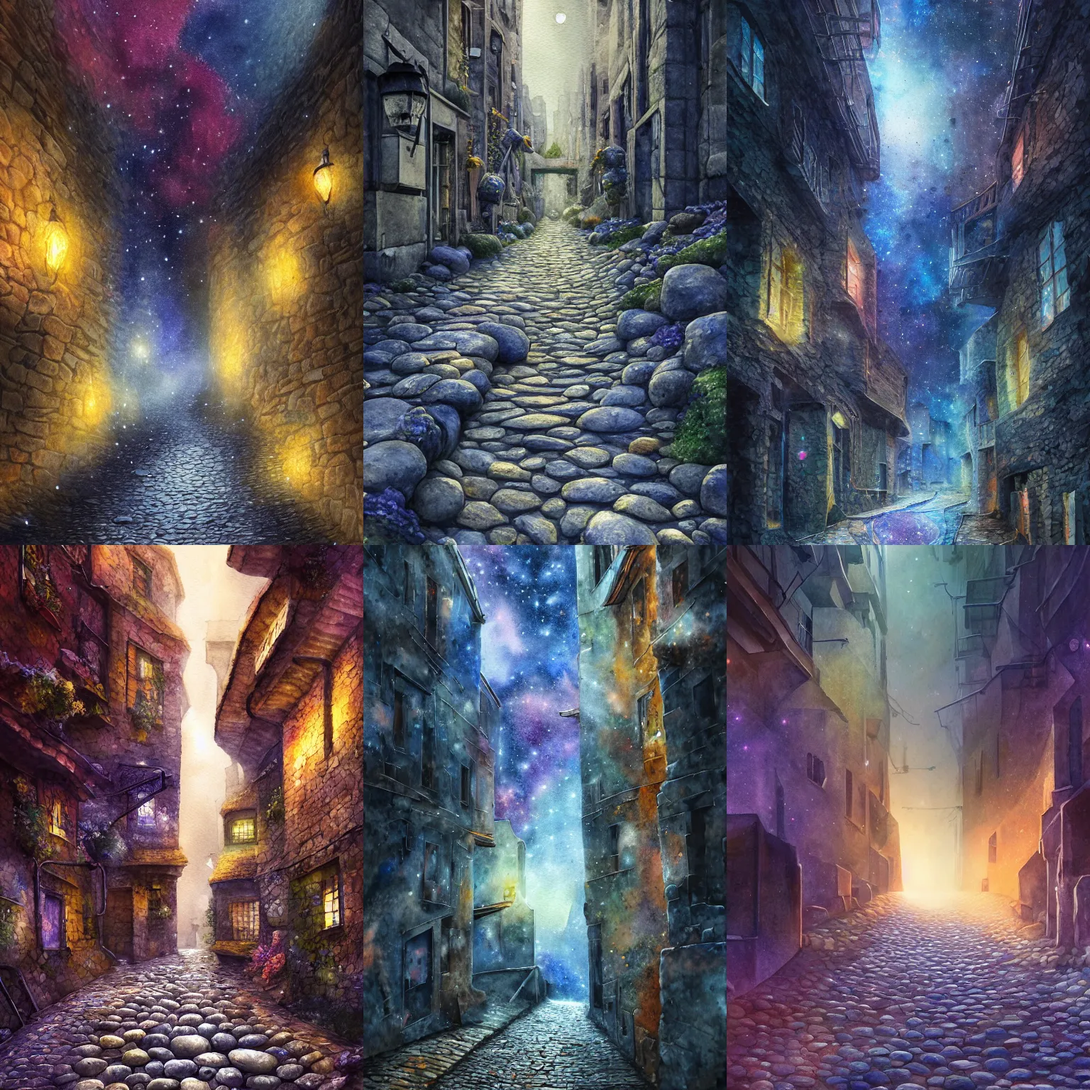 Prompt: a narrow allyway, each cobble stone is a cosmic galaxy, diffuse lighting, strong imagery, detailed watercolour, highly detailed 8k, cinematic lighting, HD, high detail, atmospheric, trending on artstation