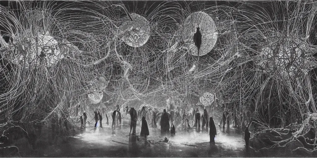 Image similar to a multiverse interpretation of a single scene with people, quantum physics, neon explosion of light, zdzislaw beksinski, by ernst haeckel, 8 k concept art, incredible masterpiece, anime illustration of a cinema, cinematic scene, viewers and directors, a futuristic theatre