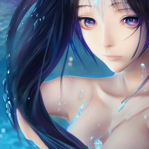 Image similar to advanced digital art, a very beautiful realistic anime girl wearing a dress made of water standing in a crystal lake , full body, very long black hair, azure blue watery eyes, full round face, seductive stare, cinematic lighting, medium shot, mid-shot, highly detailed, trending on artstation, Unreal Engine 4k, Stanley Artgerm Lau, WLOP, Rossdraws, James Jean, Andrei Riabovitchev, Marc Simonetti, and Sakimichan
