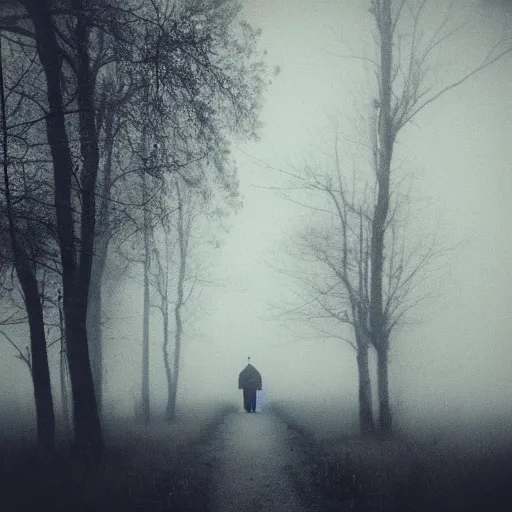 Prompt: the fog is thick shelter for ghosts, polaroid photography in style of andrey tarkovski, eerie, mystical, sublime