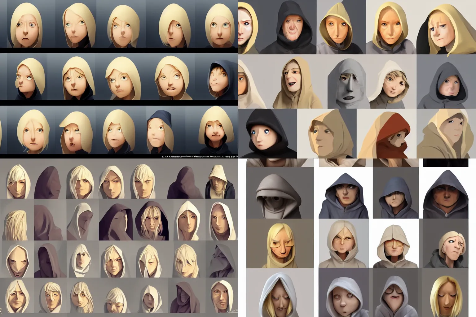 Prompt: mood board character concept facial expressions of a blond hooded woman by a senior character artist, by goro fujita and claire hummel, detailled, various emotions, various lighting mood, digital painting