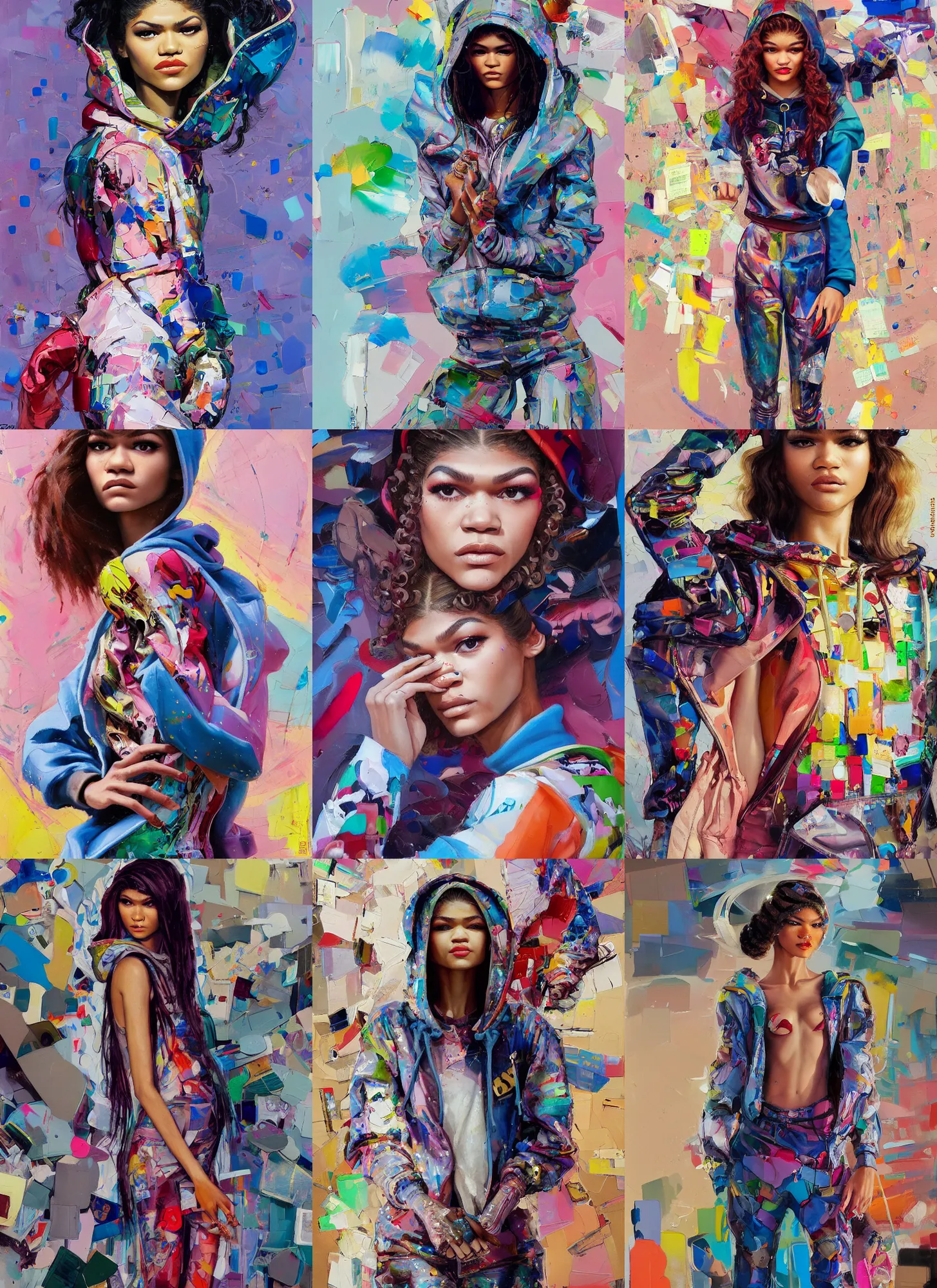 Prompt: 2 5 year old zendaya in style of martine johanna and donato giancola, wearing hoodie, standing in township street, street fashion outfit,!! haute couture!!, full figure painting by john berkey, david choe, ismail inceoglu, detailed impasto, 2 4 mm, die antwoord music video