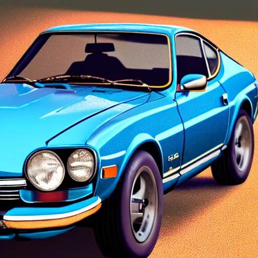 Image similar to a photorealistic image of a blue 1975 Datsun 260Z