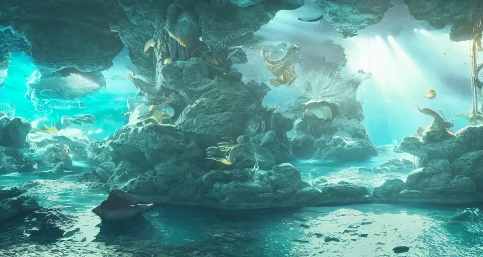 Prompt: fantasy underwater world with buildings, mermaids and fish, light rays coming from above through the water, hyperrealistic, 8K, octane render