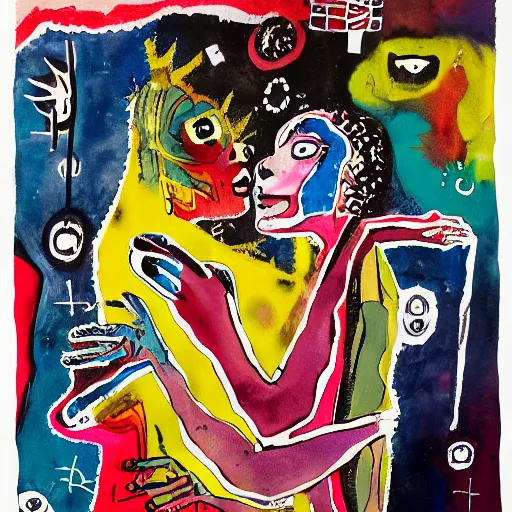 Image similar to watercolor painting of two bizarre psychedelic goth women hugging each other closeup in a space station in japan, speculative evolution, mixed media collage by basquiat and jackson pollock, maximalist magazine collage art, sapphic art, lesbian art, chemically damaged