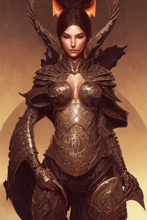 Prompt: warrior, wearing a dark armor, a dragon in the back, intricate, elegant, highly detailed, digital painting, artstation, concept art, smooth, sharp focus, illustration, art by artgerm and greg rutkowski and alphonse mucha and andrei riabovitchev