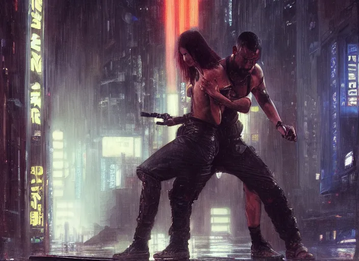 Image similar to blade runner fighting android ( blade runner 2 0 4 9, cyberpunk 2 0 7 7 character design ). orientalist portrait by john william waterhouse and james gurney and theodore ralli and nasreddine dinet, oil on canvas. cinematic, hyper realism, realistic proportions, dramatic lighting, high detail 4 k