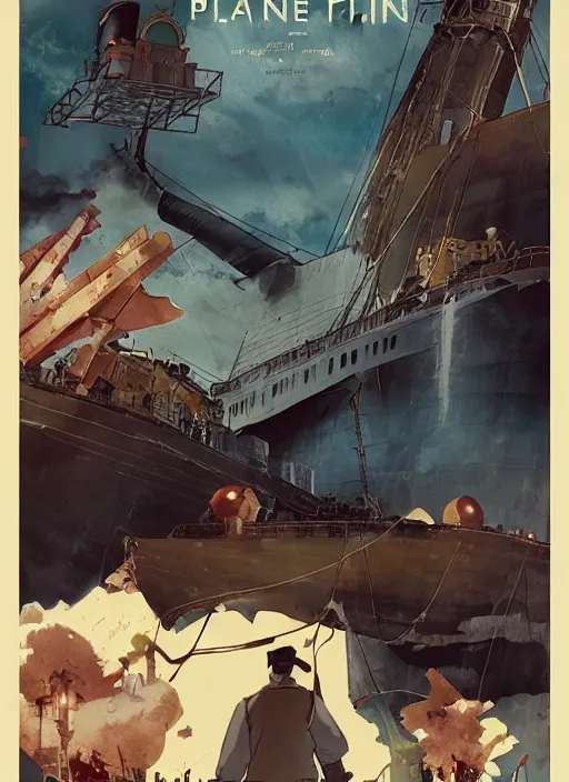 Prompt: poster for a film animation called the titanic plane, 8 k, hd, dustin nguyen, akihiko yoshida, greg tocchini, greg rutkowski, cliff chiang