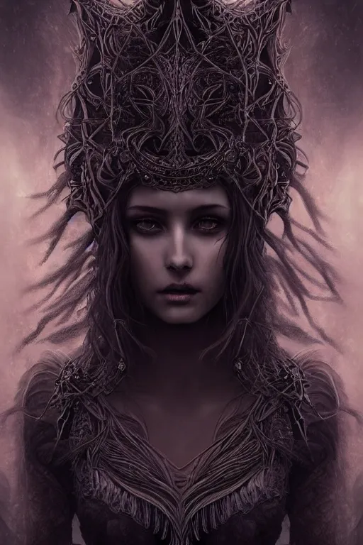 Prompt: majestic and regal portrait of a beautiful young female dark goddess!!, intricate, epic, elegant, menacing, fantasy, highly detailed, digital painting, hard focus, beautiful volumetric lighting, epic light, ultra detailed, souls, smoke, by leesha hannigan, ross tran, thierry doizon, kai carpenter, ignacio fernandez rios