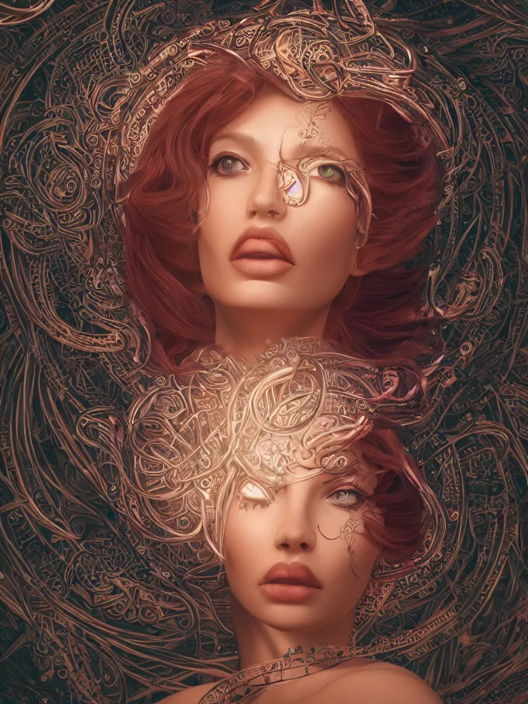 Prompt: a centered render of an alluring goddess floating through a metalic tunnel surrounded by flowing tendrils of energy and spiral mandalas, full body, gorgeous face, perfect face, powerful, by anna dittmann, 3 d, trending on artstation, octane render, 8 k