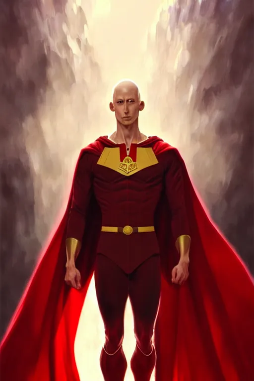 Image similar to ultra realistic illustration, handsome saitama. red cape, intricate, elegant, highly detailed, digital painting, artstation, concept art, smooth, sharp focus, illustration, art by artgerm and greg rutkowski and alphonse mucha and wlop