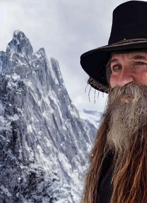 Prompt: A wizard with a staff, in a hat, stands on a mountain, high image quality and working out a face in 8k