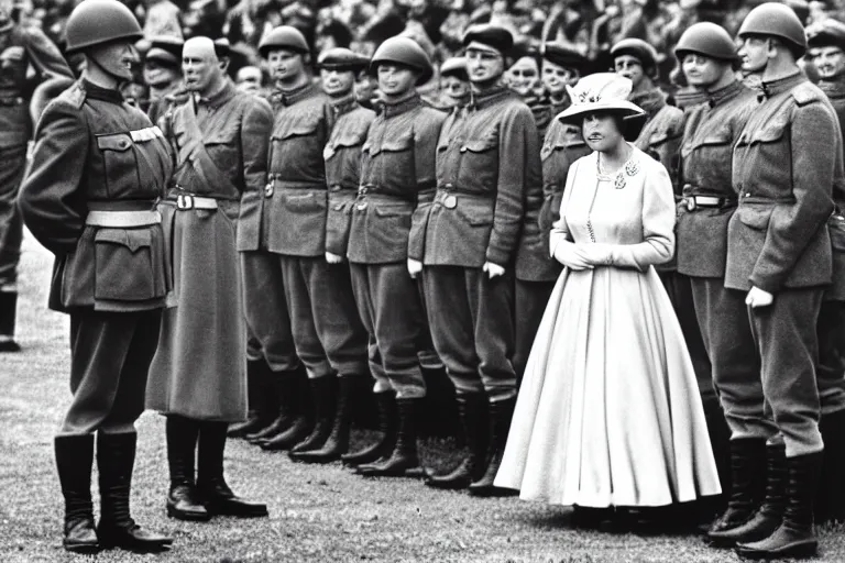 Prompt: ultra wide 1 9 4 6 historical far away photo of young queen elizabeth accepting the surrender of the german army, her corgis are nearby highly detailed