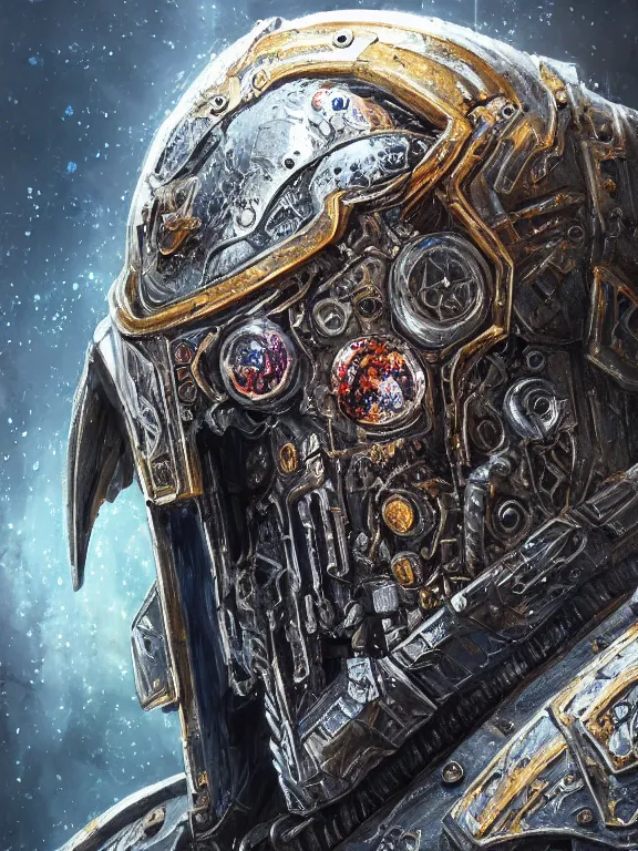 Image similar to portrait art of 8k ultra realistic undead space marine Gandalf, ornate intricate smashed galaxy helmet , detailed intricate ornate armour,blade runner, cybernetic, full of colour, cinematic lighting, battered, trending on artstation, 4k, hyperrealistic, focused, extreme details,unreal engine 5, cinematic, masterpiece, art by ayami kojima, giger