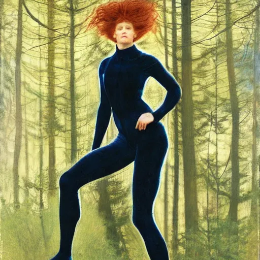 Prompt: beautiful woman with auburn hair in a skin-tight designer spacesuit, aloof in the forest at dusk, by Edgar Maxence and Ross Tran and Michael Whelan and Gustav Klimpt