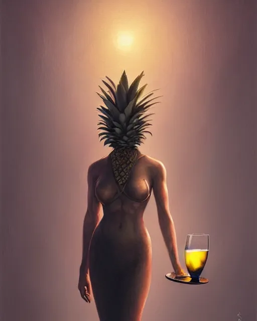 Prompt: a pineapple human holding a large glass of port, nightclub, elegant, real life skin, intricate, high detailed, artstation, concept art, smooth, sharp focus, art by artgerm and greg rutkowski