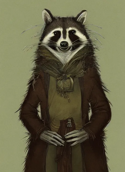 Image similar to a fantasy illustration portrait of an anthropomorphic raccoon mage, by victo ngai, by stephen gammell, by george ault, artstation