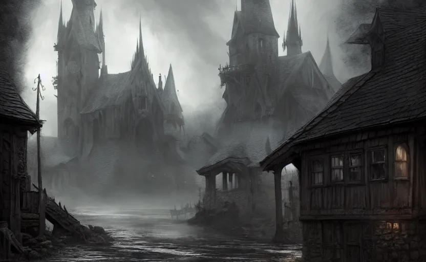 Image similar to extreme long shot concept art depicted an old english mystic town, dramatic mood, overcast mood, dark fantasy environment, art by tony sart and thornton oakley and darek zabrocki, trending on artstation, unreal engine, hyper - real movie shot