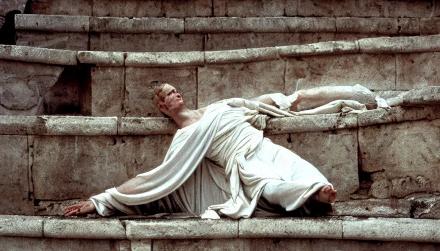 Prompt: 1 9 6 0 s movie still close - up of caligula in a white toga stabbed to death bleeding heavy blood on ancient amphitheater's stairs, cinestill 8 0 0 t 3 5 mm, high quality, heavy grain, high detail, dramatic light, anamorphic, blood