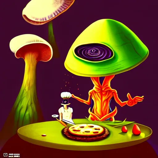 Image similar to alien mushroom chef cooking a meal, fantasy illustration, detailed digital painting, trending on artstation