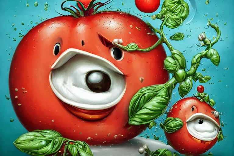 Image similar to a highly detailed happy tomato is playing with mozzarella balls, some sliced in half, basil leaves flying all over, playful vibe, full body, wide angle, an ultrafine detailed painting by joe fenton, trending on deviantart, pop surrealism, whimsical, lowbrow, perfect symmetrical face, sharp focus, octane, masterpiece