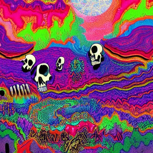 Image similar to psychedelic landscape full of ghosts and skeletons colourful fluffy textures