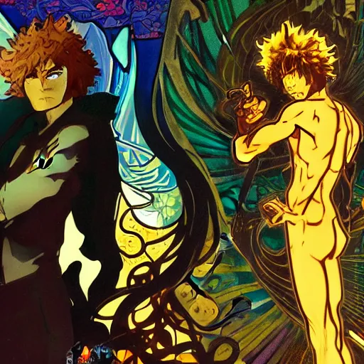 Prompt: concept art, silhouette of Spike Spiegel in front of Ganymede in the style of Alphonse Mucha and Hiroya Oku, 4k, artstation,