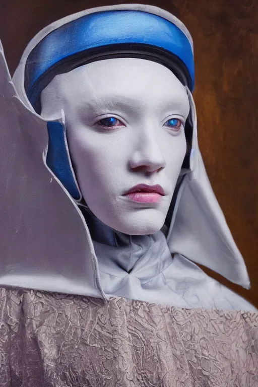 Image similar to hyperrealism oil painting, close - up portrait of albino medieval fashion model, knight, steel gradient mixed with nebula sky, in style of baroque