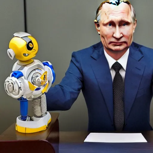 Prompt: photo of robotic putin holding earth in his hands