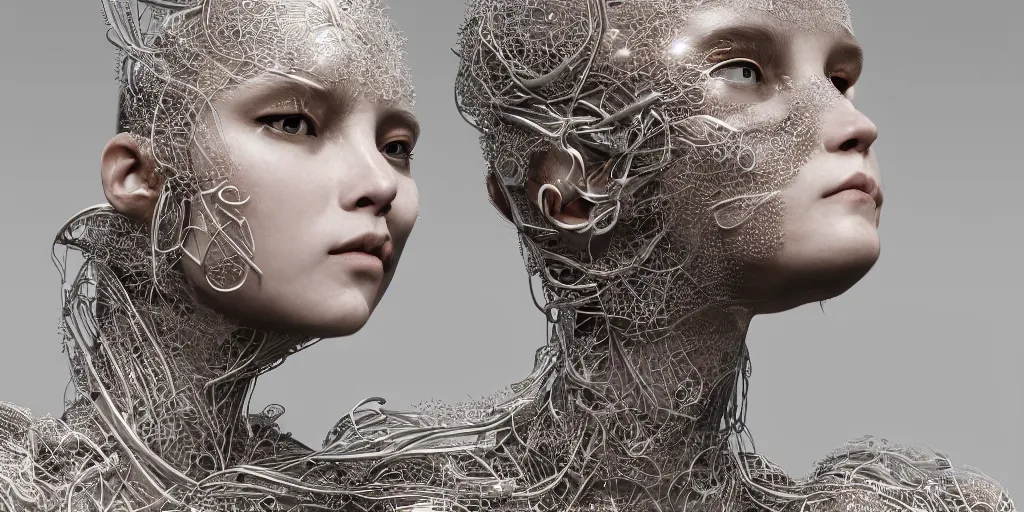 Prompt: hyperrealistic photography of a stunningly cyborg female, intimate,, kissing, delicate threads, in the style of beth cavener, jin kagetsu,, and wlop, highly detailed, intricate filigree, chrome face symmetry, masterpiece, award - winning, sharp focus, concept art, high key, ambient lighting, 8 k, octane render, artstation