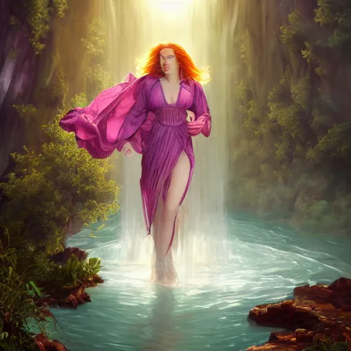 Prompt: a highly detailed byzantine painting of scarlett johansson as a red haired vampire sorceress, walking through a waterfall in a gossamer purple dress, epic fantasy, viewed in profile from far away, ultrawide lens, art by artgerm and greg rutkowski and alphonse mucha, volumetric lighting, 4 k resolution, trending on artstation, masterpiece