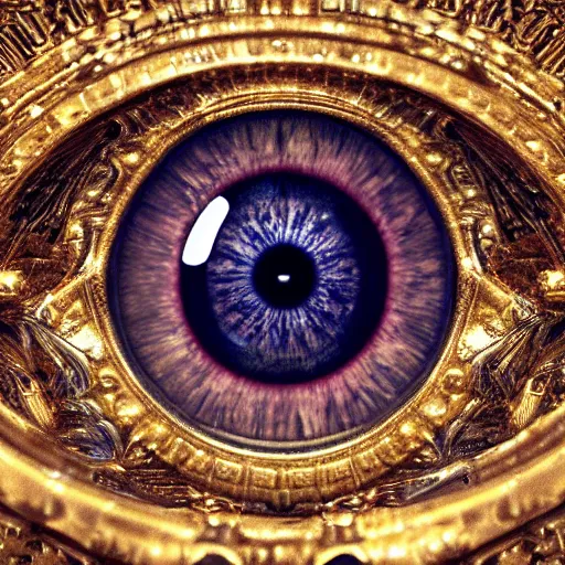 Image similar to The eye of god Rah, intricate, ornate, photorealistic, ultra detailed, gold, octane render, high definition, depth of field, bokeh, 8k, artstation