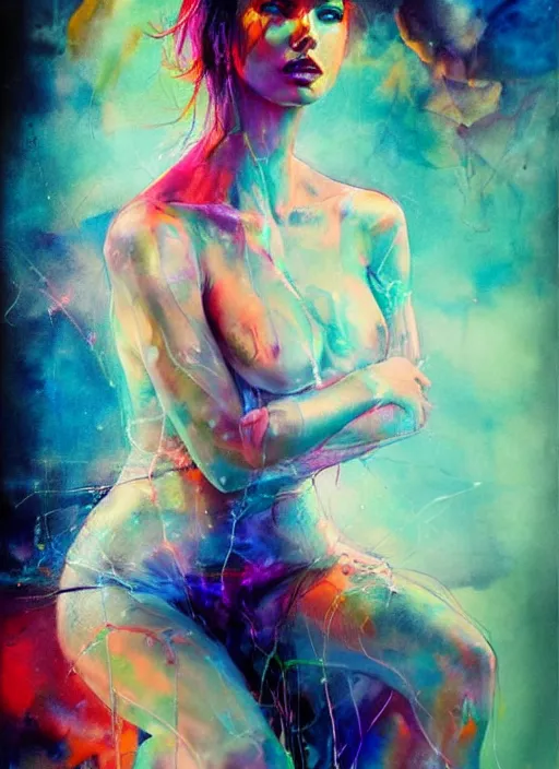 Image similar to adriana lima by agnes cecile enki bilal moebius, intricated details, sitting on a stool, full body portrait, extremely luminous bright design, pastel colours, drips, autumn lights