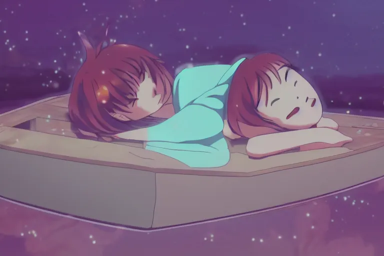 Image similar to a cute anime woman sleeping on a raft, misty, glows, by studio ghibli, anime, hazy, foggy, ambient lighting, 8 k, neon, synthwave,