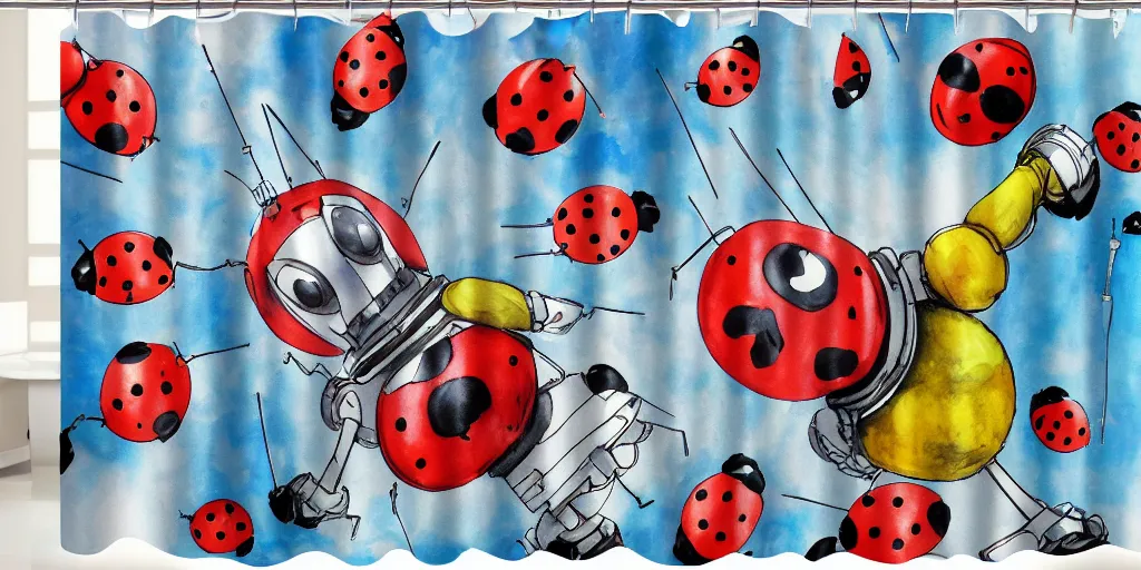 Image similar to shower curtain product catalog. wide - angle photo. on the curtain is a low - angle hero - shot watercolor of a ladybug robot. the robot has an epic fight with darth vader ( obi - wan kenobi ). the water color has ink under drawing. highly coherent, product photography of a shower curtain, product lighting. 4 k, highly detailed. saturated.