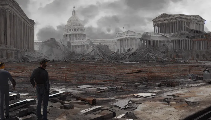 Image similar to father and his son looking at collapsed destroyed washington dc under reconstruction, scaffolding, cloudy day, volumetric light, hyperdetailed, artstation, cgsociety, 8 k