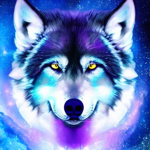Image similar to of a fantasy sky of purple and blue a wolves face is the whole of sky with 5 0 % opacity and there are stars and galaxy ’ s and his eyes are piercing digital art epic cinematic lighting detailed