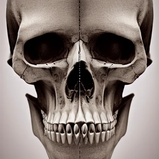 Image similar to an extreme close - up symmetrical portrait of an ornamental bone skull, photographic filter, unreal engine 5, realistic, hyperdetailed, 8 k, cinematic, volumetric lighting, very realistic effect, hd, hdr, 4 k, sharp focus, octane render, ultra detailed, high resolution, trending on artstation in the style of albert dros glowing rich colors powerful imagery