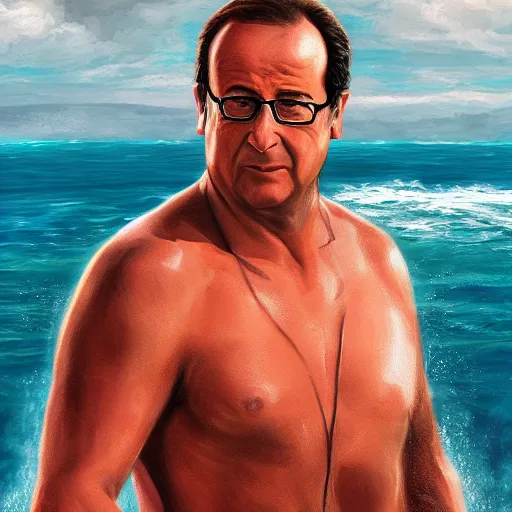 Image similar to a screenshot of François Hollande in the show Baywatch, highly detailed, digital painting, artstation, concept art, smooth, sharp focus, illustration