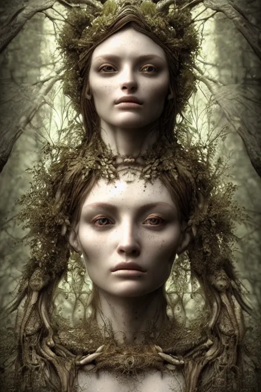 Prompt: a photorealistic portrait of a goddess, floating in the middle of a ancient wood, perfectly proportioned face, perfect eyes, intricate, elegant,ultra super good realistic 3D render by Pete Morbacher and Emil Melmoth, insanely detailed, trending on artstation