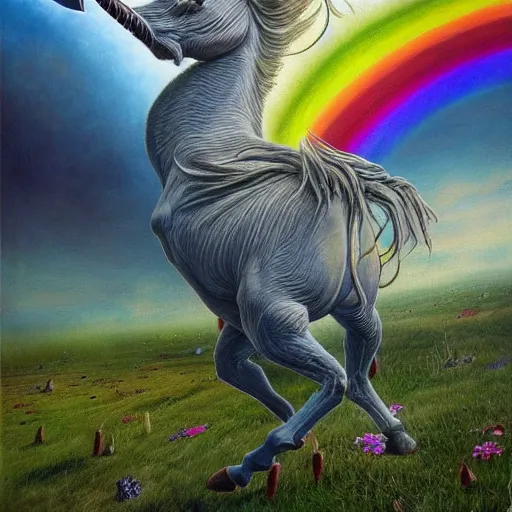 Prompt: a stunning detailed mate painting of a humonid unicorn dancing under a rainbow on a graveyard'by wayne barlowe, existential horror, trending on cgsociety artstation, highly detailed, 8 k, masterpiece, super resolution.