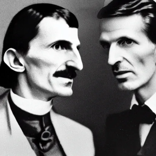 Prompt: Nikola Tesla and Aphex Twin on the moog synthesizer