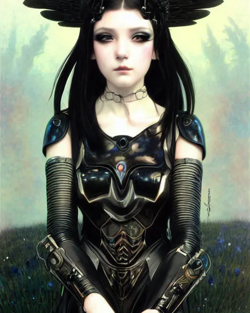 Prompt: portrait of beautiful goth e - girl cosplay with black hair in warhammer armor, white background, art by ( ( ( kuvshinov ilya ) ) ) and wayne barlowe and gustav klimt and artgerm and wlop and william - adolphe bouguereau