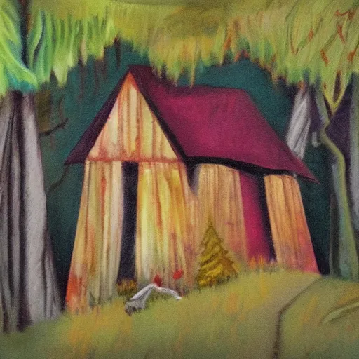 Image similar to a painting of a eerie cabin in the middle of the woods in the style of alice bailly