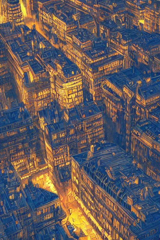 Image similar to colorful aerial vue of steampunk paris, intricate details, realistic shaded , steampunk, highly detailed, artstation, painting by françois Schuiten, octane render, dynamic light, volumetric light, neon lights, cinematic mood