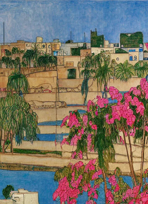 Prompt: ahwaz city in iran with a bridge on local river, 3 number house near a lot of palm trees and bougainvillea, painting by egon schiele