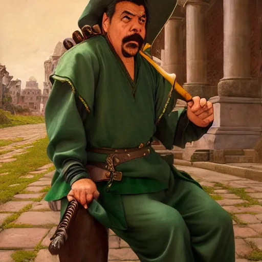 Image similar to hyper realistic, realistic - anime, portrait, beautifully rendered, ancient garb, luis guzman as luigi wearing green, smirking deviously, luigi, luigi's nose, painted by jan van eyck, albrecht durer, gustave courbet, greg rutkowski, wlop, artgerm, dishonored 2,