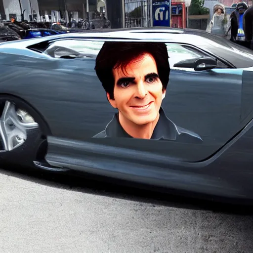 Prompt: david copperfield's face on a car body