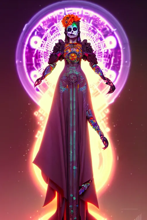 Image similar to ultra detailed female android deity, wearing a cloak, flower punk, scifi, fantasy, octane render, unreal engine, dia de los muertos, asymmetrical intricate concept art, triadic color, art by artgerm and greg rutkowski and alphonse mucha, 8 k